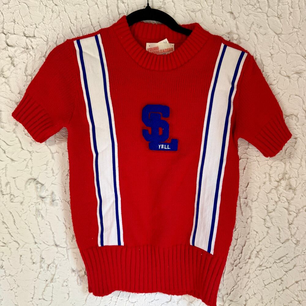 Vintage 1980s Cheerleader Sweater Red Knit Varsity Spirit Top Made in USA Small